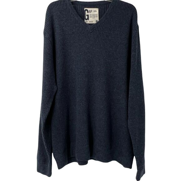 Vintage GAP Ribbed Knit Sweater Mens XXL Navy V Neck Cotton‎ Nylon Wool - Picture 1 of 4